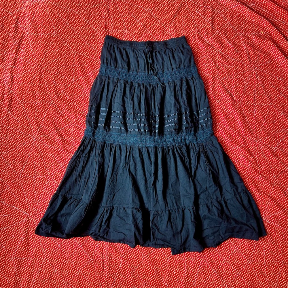 Vintage Rani Black Tiered Maxi Skirt Lace Ribbon Boho Prairie XL Cotton India